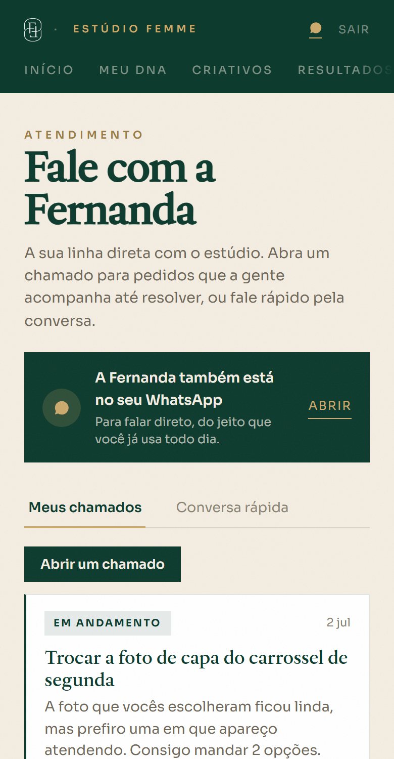 Tela de atendimento no app da Femme