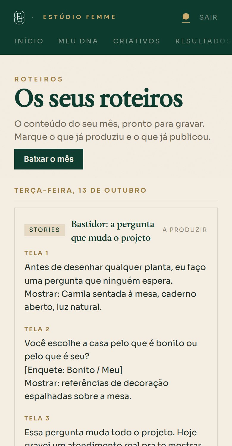 Tela de roteiros de reels e stories no app da Femme